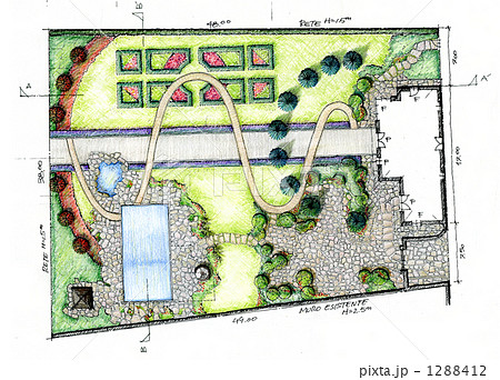 庭 庭園 設計図 平面図の写真素材