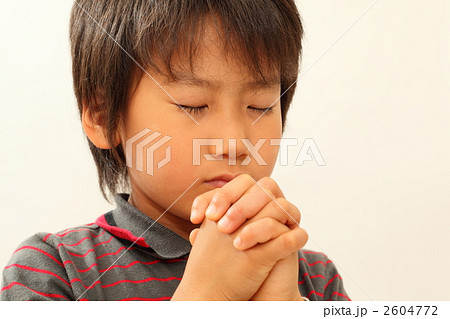 祈る 小学生 男の子 祈りの写真素材