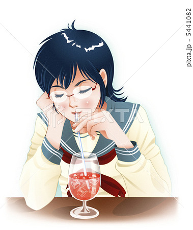 女子高生とソーダ水のイラスト素材