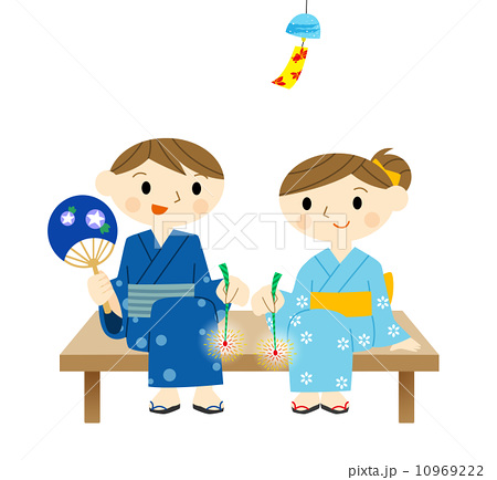 花火 子供 女の子 線香花火のイラスト素材