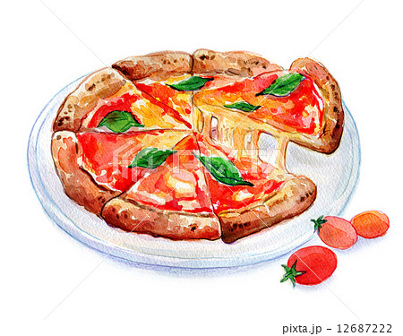 イタリア料理 ピザ マルゲリータ 水彩のイラスト素材