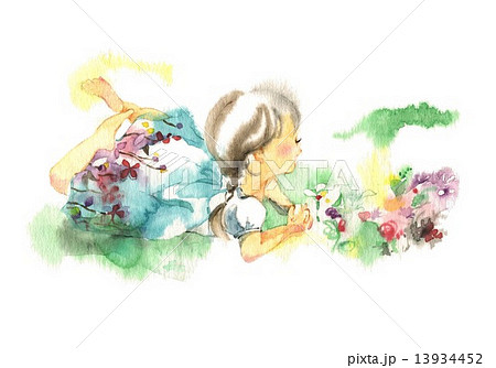 女の子 子供 花 水彩画のイラスト素材