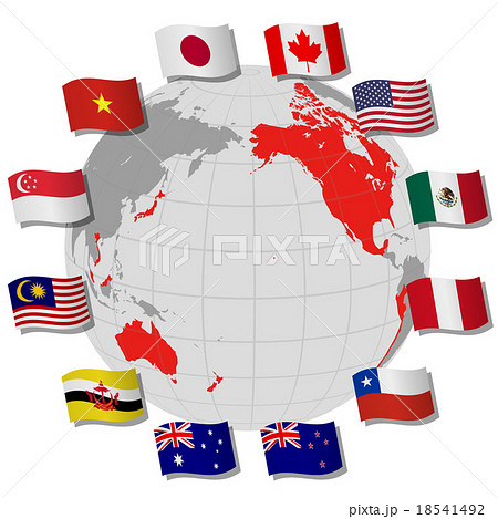 Tpp 環太平洋パートナーシップ協定 地図と参加国の国旗 イメージイラストのイラスト素材