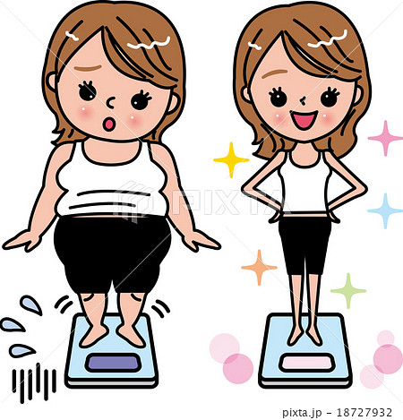 女性 ダイエット 体重計 ビフォーアフターのイラスト素材