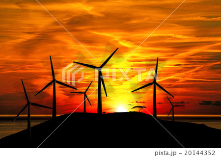 風車 風力発電 夕焼け 夕暮れのイラスト素材 - PIXTA