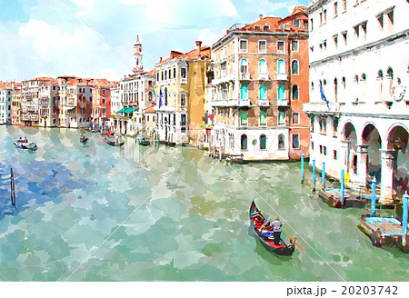 運河 ゴンドラ 水彩画 ベニスの写真素材