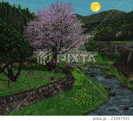 小川 桜 風景 石垣のイラスト素材