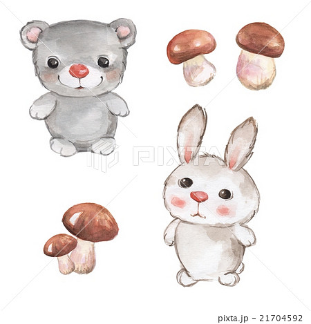 Small animals. Teddy and bunny. Watercolor set