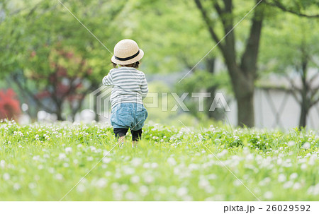 麦わら帽子 女の子 後ろ姿 人物の写真素材