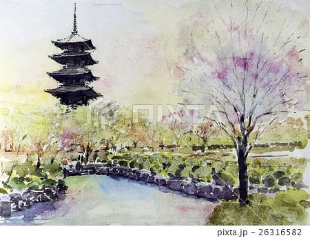 水彩 京都 東寺 五重塔のイラスト素材 - PIXTA