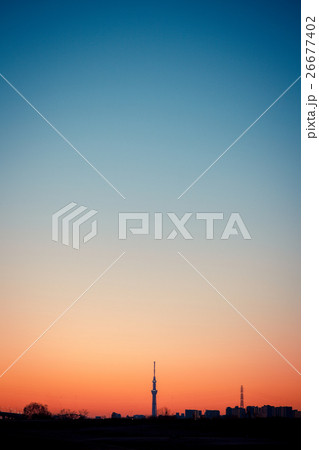 荒川河川敷 朝焼け 東京スカイツリー グラデーションの写真素材