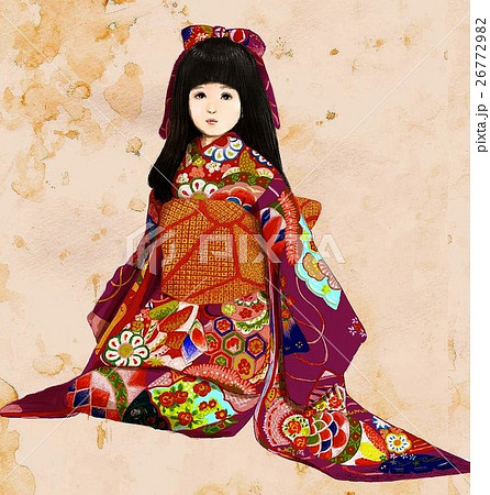 日本人形 黒髪 人形 着物のイラスト素材
