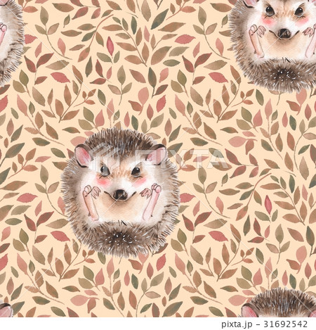 Hedgehog And Leaves Seamless Floral Patternのイラスト素材