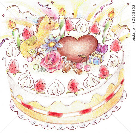 ケーキ 誕生日 イラスト 手書き 挿絵の写真素材