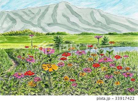 風景画 風景 水彩画 花畑のイラスト素材