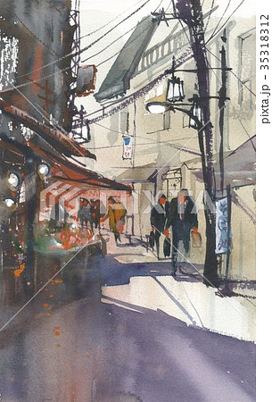 商店街 風景画 街並み 水彩画のイラスト素材