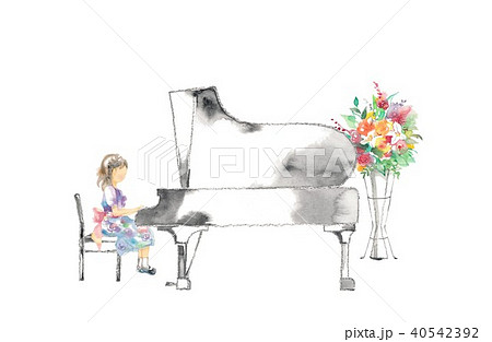 ピアノ発表会 女の子と花 赤のイラスト素材