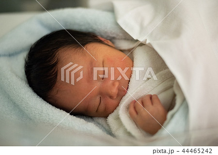 新生児 横顔 赤ちゃん 寝顔の写真素材