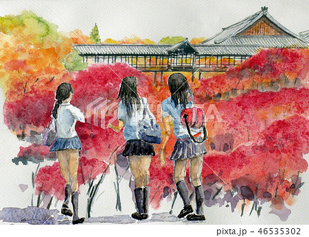 女子高生 京都観光 修学旅行 京都のイラスト素材