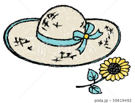 ひまわり 麦わら帽子 帽子 夏の写真素材