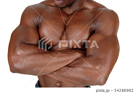 男性 腕組み 上半身裸 白バックの写真素材