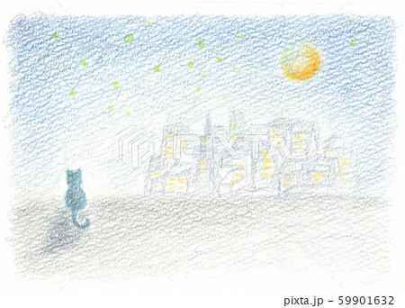 色鉛筆画 建物 街 夜の写真素材 色鉛筆画 建物 街 夜の写真素材