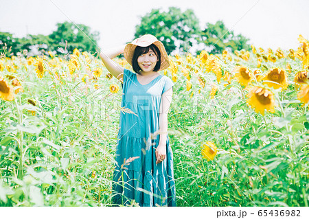 花 向日葵 麦わら帽子 ひまわり畑の写真素材