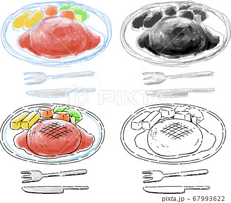 料理 ハンバーグ 洋食 手描きの写真素材