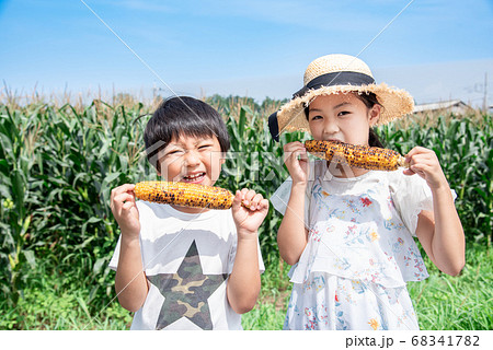 焼きとうもろこし 男の子 子供 食べるの写真素材