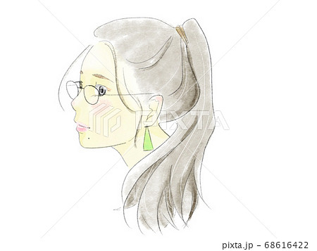 女性 横顔 ポニーテール 眼鏡のイラスト素材