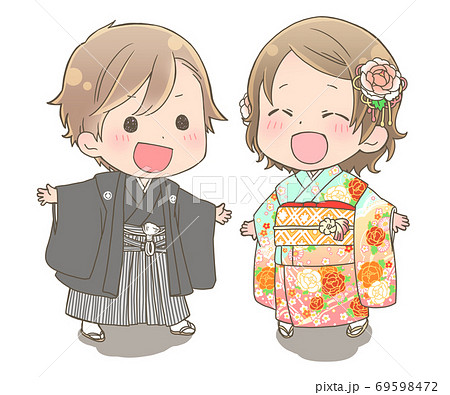 正月 女の子 男の子 着物のイラスト素材