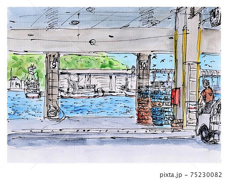 水彩画「漁港市場」 Fish Market by River in Edo at Nihonbashi Bridge