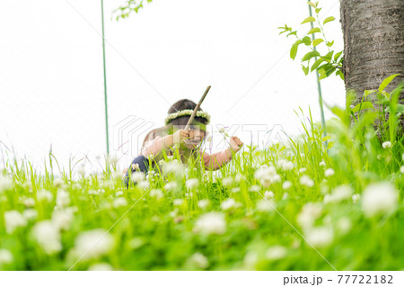 花 花畑 女の子 座るの写真素材