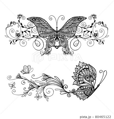 花 蝶 イラスト 白黒のイラスト素材