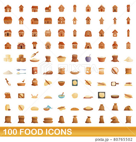 100 Food Icons Set Cartoon Styleのイラスト素材