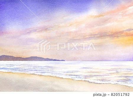 水彩画 水彩 夕日 海のイラスト素材