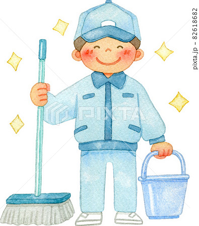ブラシとバケツを持った笑顔の清掃員(ピカピカ)