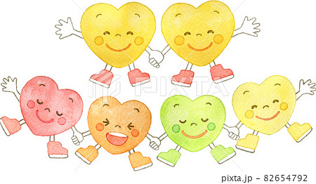 手をつなぐ笑顔のハートのキャラクター(集合)