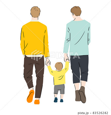 散歩中の家族 同性カップル の後ろ姿のイラスト 白背景 ベクター 切り抜き のイラスト素材 5262