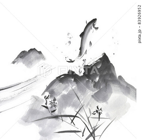 水墨画 掛軸 鮎風景画 筆文字サイン入り 水墨画 掛軸 鮎風景画 筆文字サイン入り