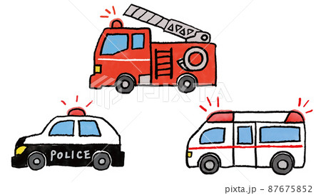 手描きイラストの緊急車両 消防車 救急車 パトカーのイラスト素材