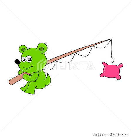 Doodle Fishing rod with fishing line and fish on a hook. Equipment