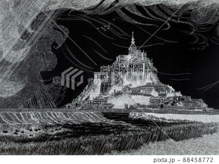 水彩画　モンサンミッシェル　風景画　美術　インテリア　修道院　世界遺産の絵 水彩画 モンサンミッシェル 風景画 美術 インテリア 修道院 世界