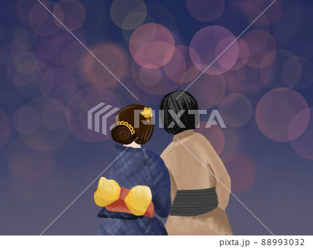 浴衣 カップル 後ろ姿 花火のイラスト素材