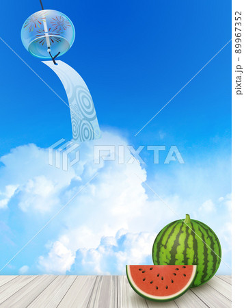夏 縁側 風鈴 スイカのイラスト素材