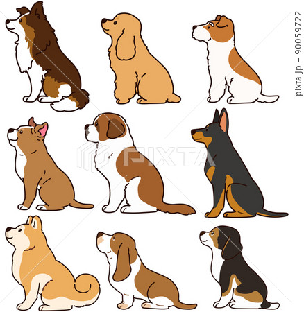 横を向いてお座りするシンプルで可愛い犬のイラストセットe 主線ありのイラスト素材