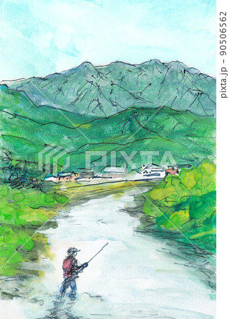 【12月スーパーSALE 15%OFF】 水彩画（相模川の釣り人」 命じ） （水彩画「釣り人」 絵画