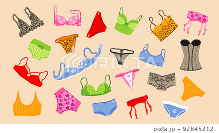 Vecteur Stock Female panties types flat vector icons set. Woman underwear  fashion styles collection. Girl body front and back view. Clothes  infographic design elements. Classic briefs, bikini, string, tanga, thong