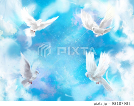 『太陽の大きな愛』 白い鳩と花の絵画 太陽の大きな愛』 白い鳩と花の絵画