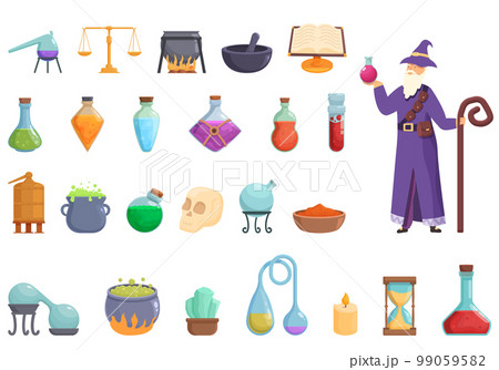 Old wizard with hat making magical potion digital art Stock Illustration